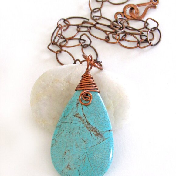 Handmade Wire Wrapped Turquoise Magnesite Stone Pendant on Copper Chain Necklace - Picture 3 of 4